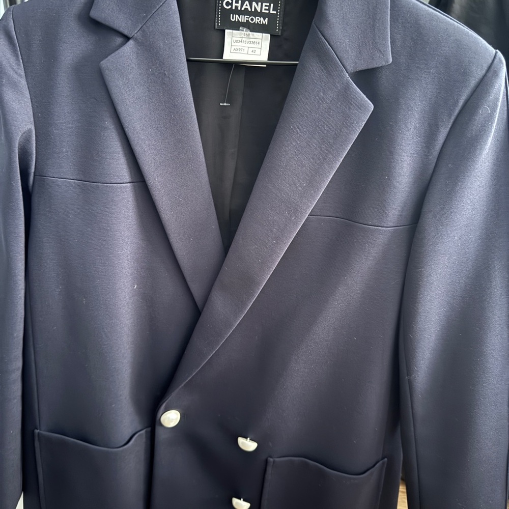 Chanel Navy Blazer with pearl Chanel button gorgeous!